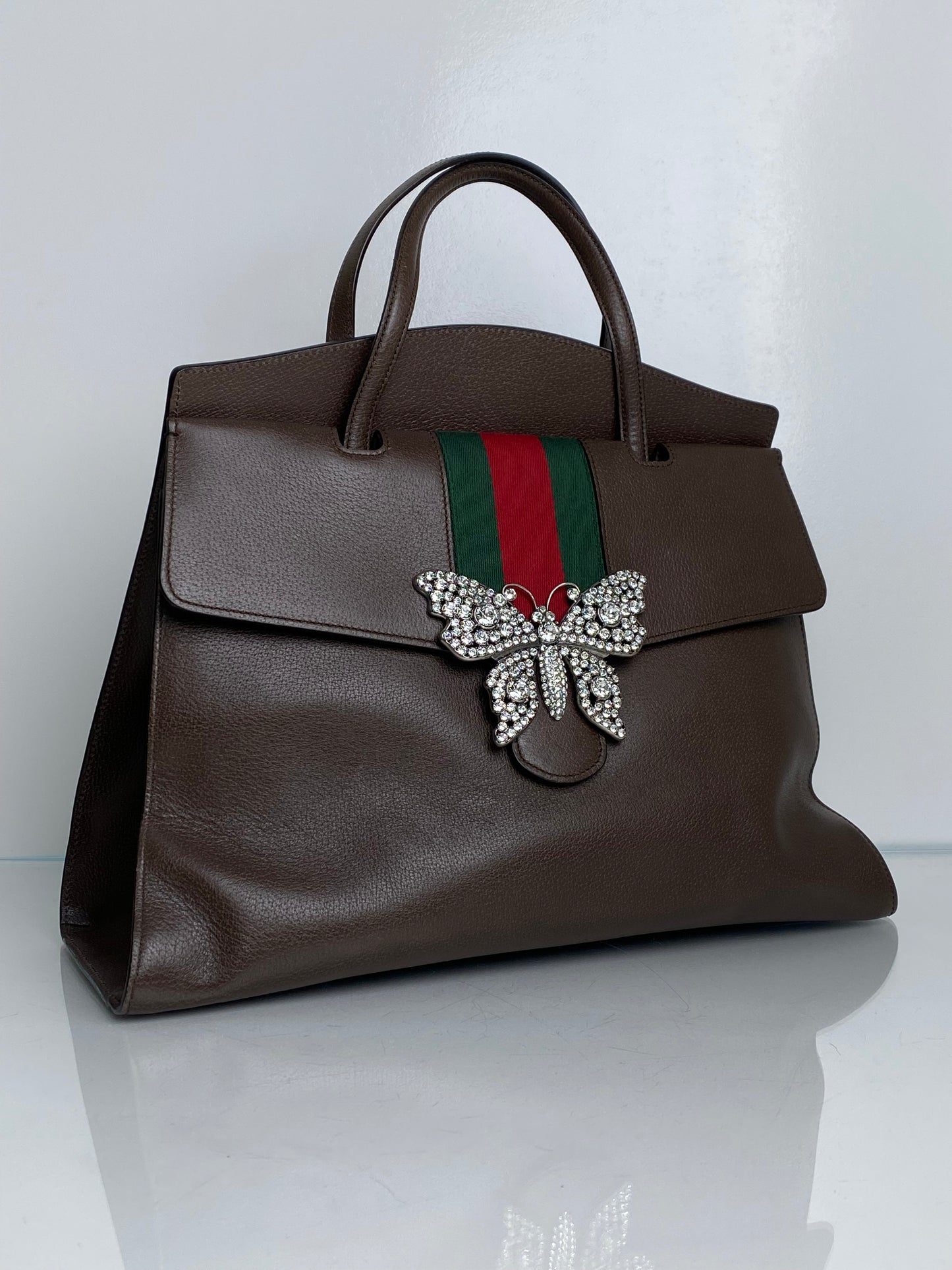 Gucci Brown Linea Totem Web Stripe Tote with Crystal Butterfly GHW