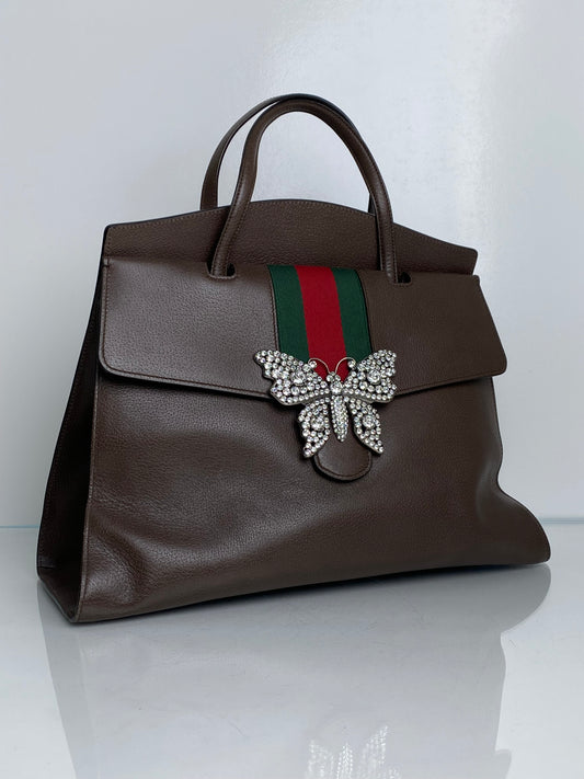 Gucci Brown Linea Totem Web Stripe Tote with Crystal Butterfly GHW