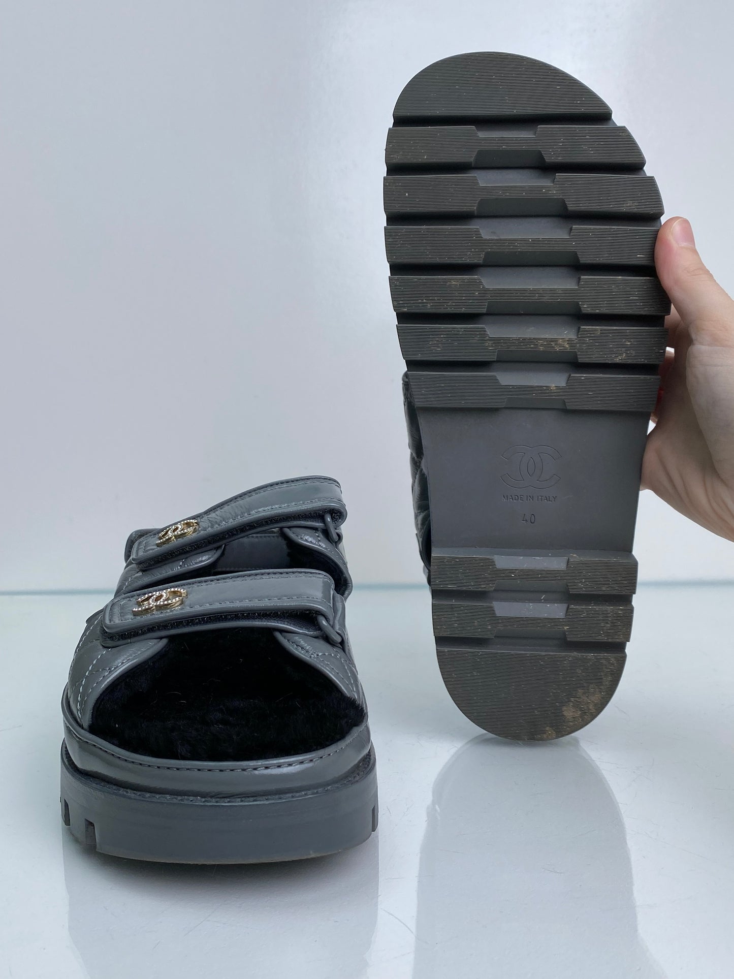 Chanel Grey Patent Leather & Shearling CC Interlocking Dad Sandals, 40