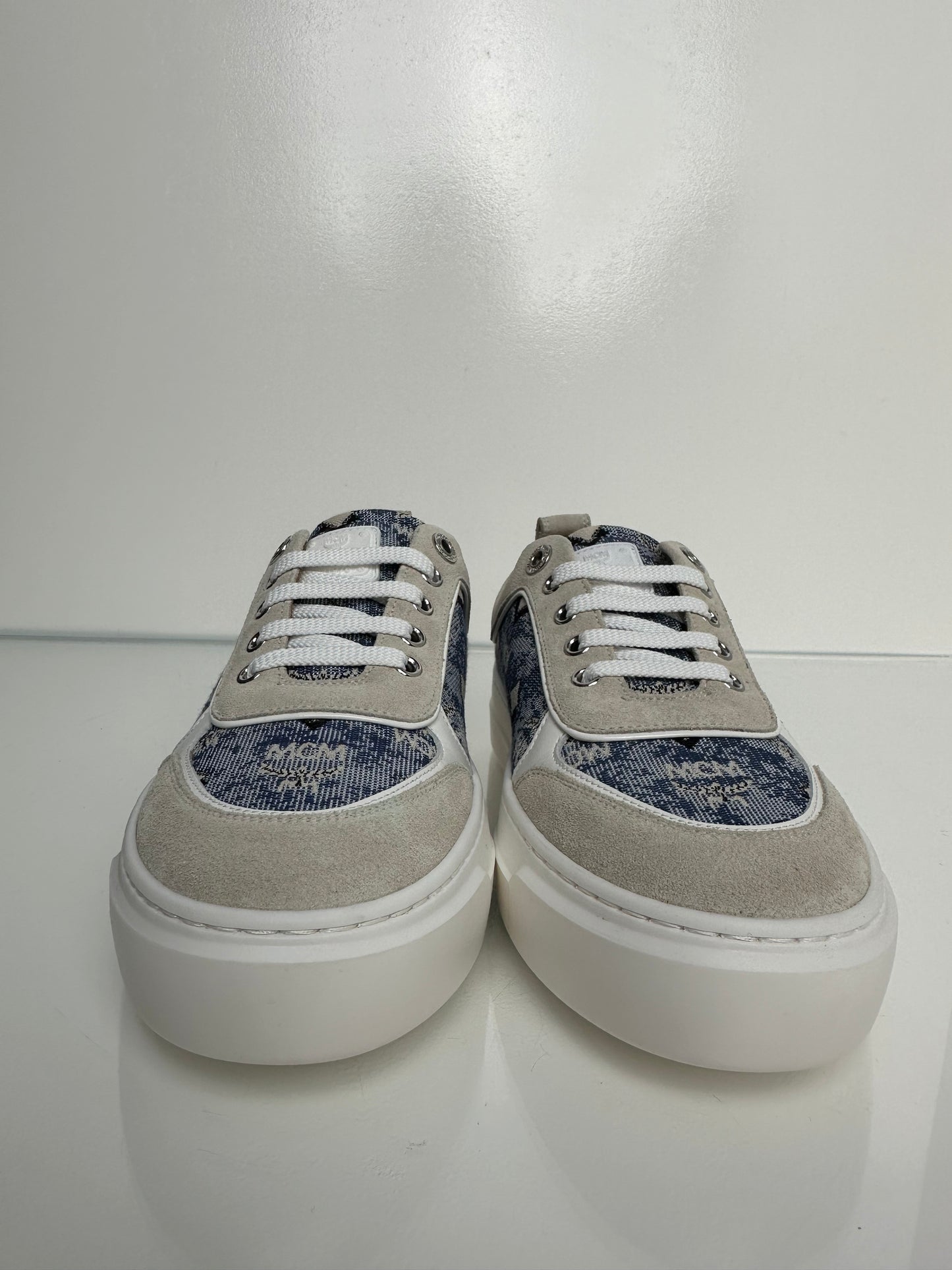 MCM Blue & Cream Denim Monogram Sneaker, 36