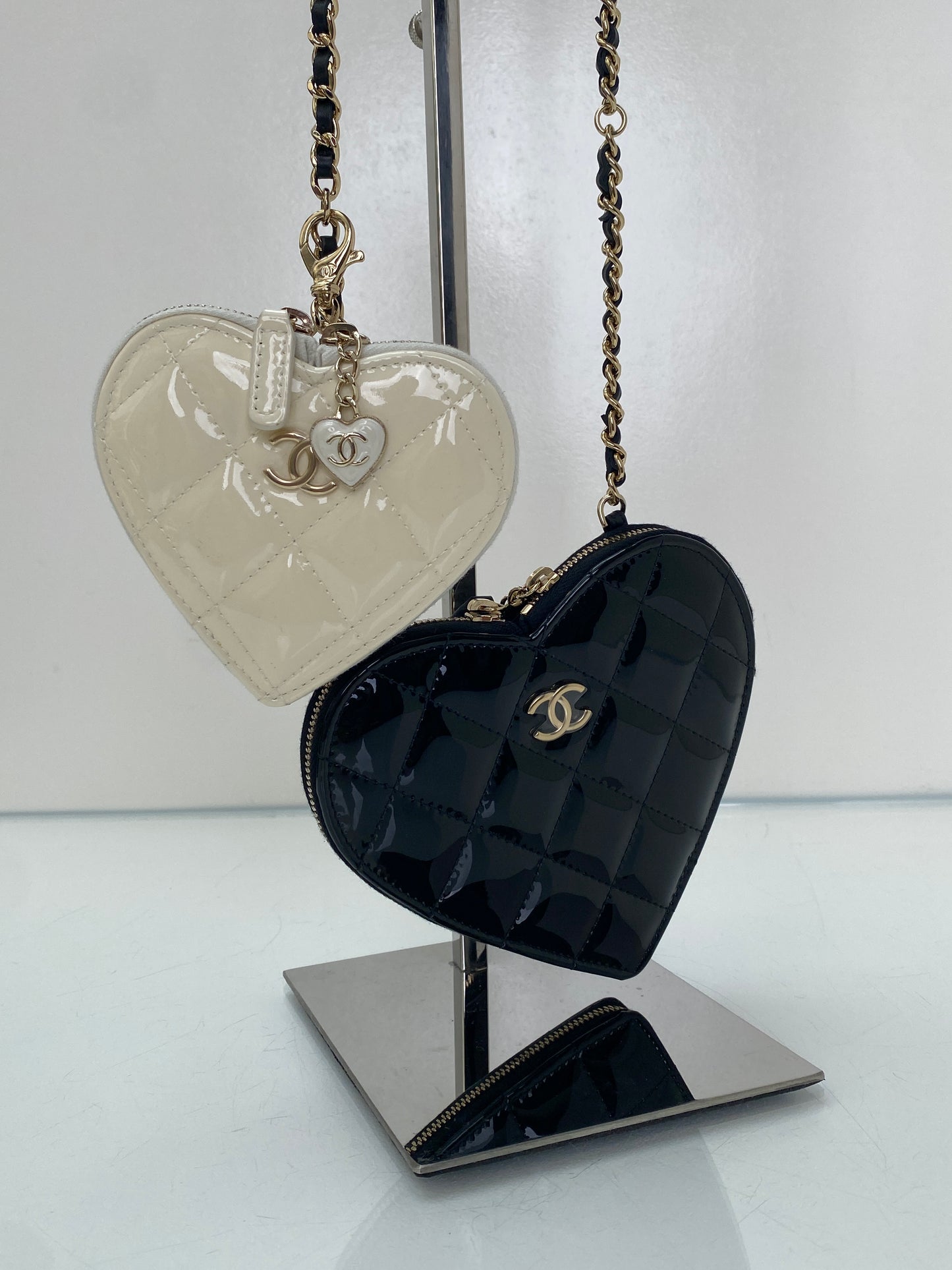 Chanel White & Black Patent Heart Chain Clutches on Chain Bag GHW