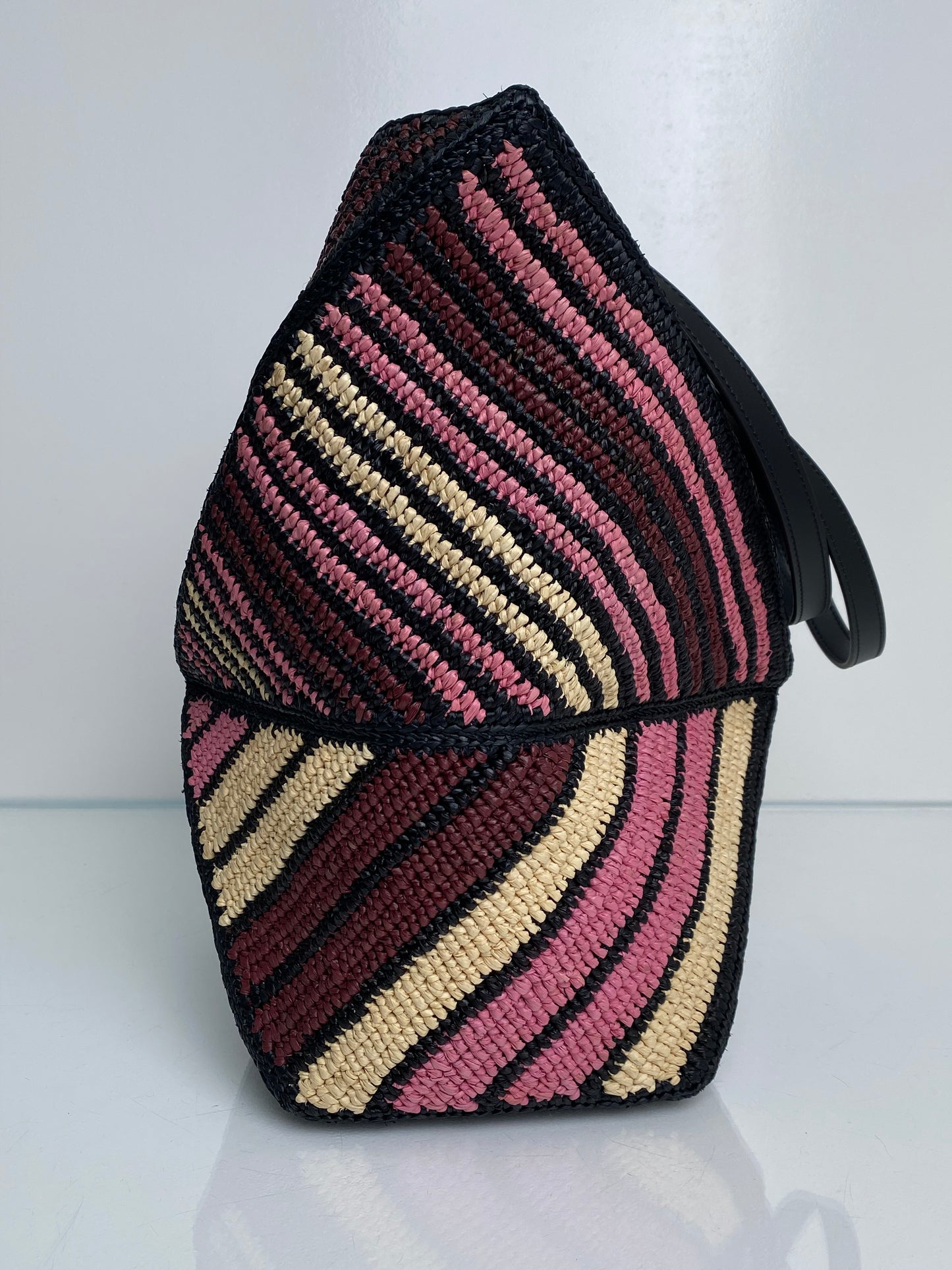 Loewe Pink, Black, & Tan Raffia Puzzle Fold Medium Tote Bag