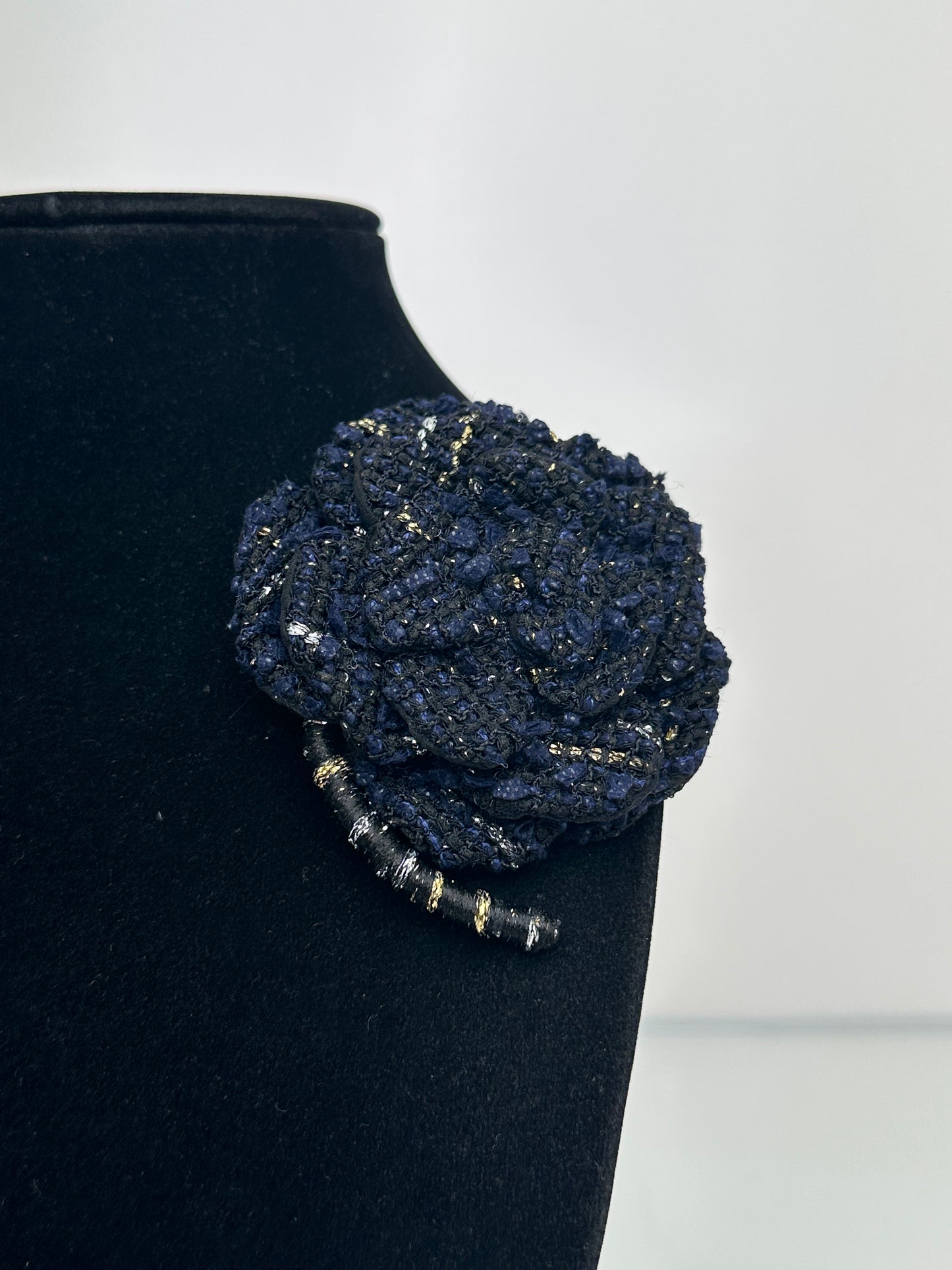 Chanel Black, Gold, Navy, & Silver Tweed Brooch