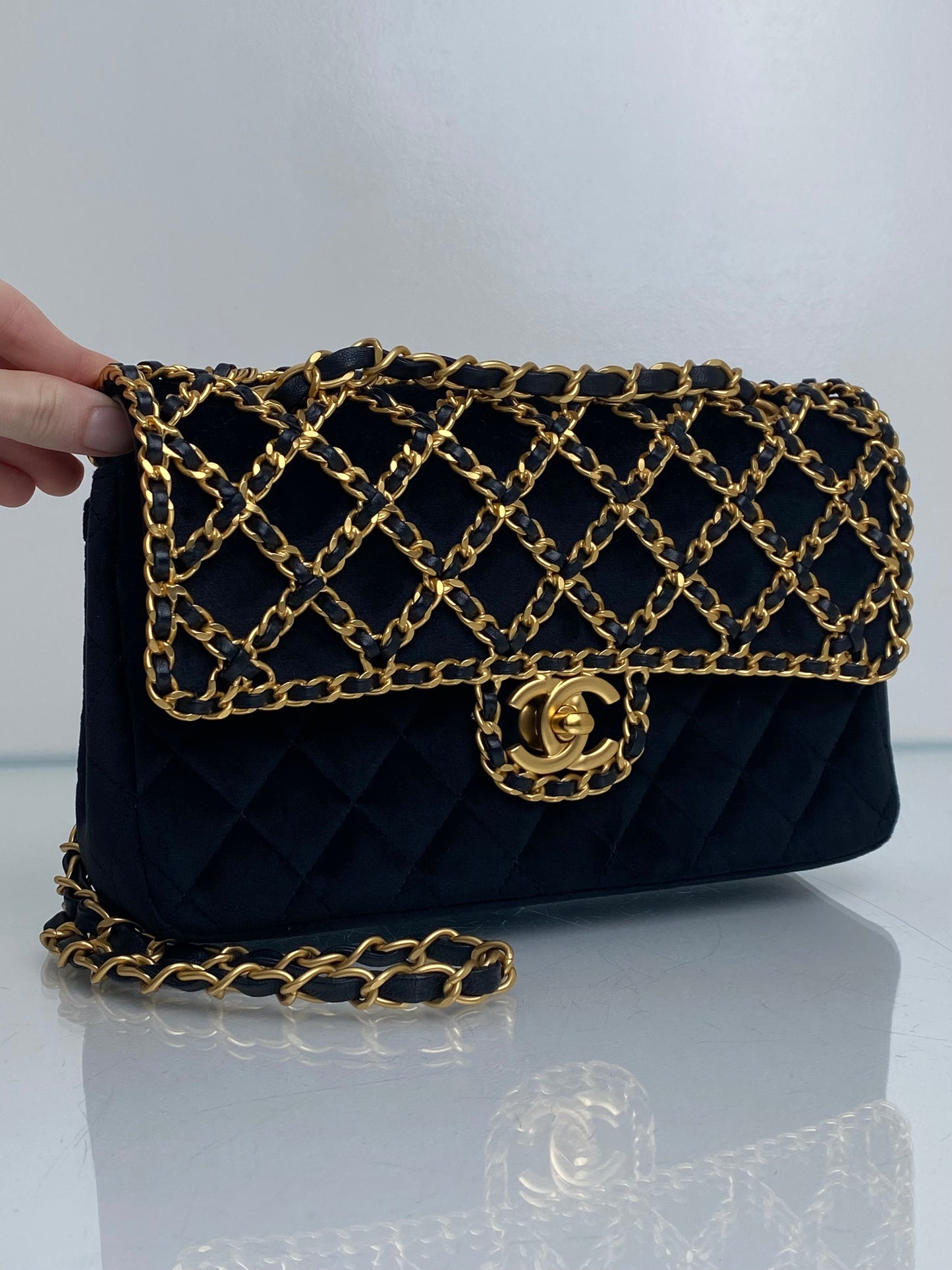 Chanel Black & Gold Velvet Double Flap Timeless Chained Bag GHW