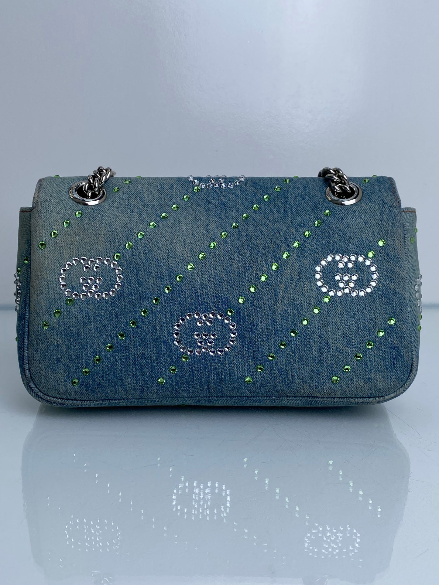 Gucci Denim Crystal Appliqué GG Marmont Shoulder Bag SHW