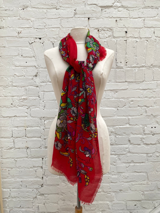 Loewe Red & Multicolor Floral Silk Shawl Scarf