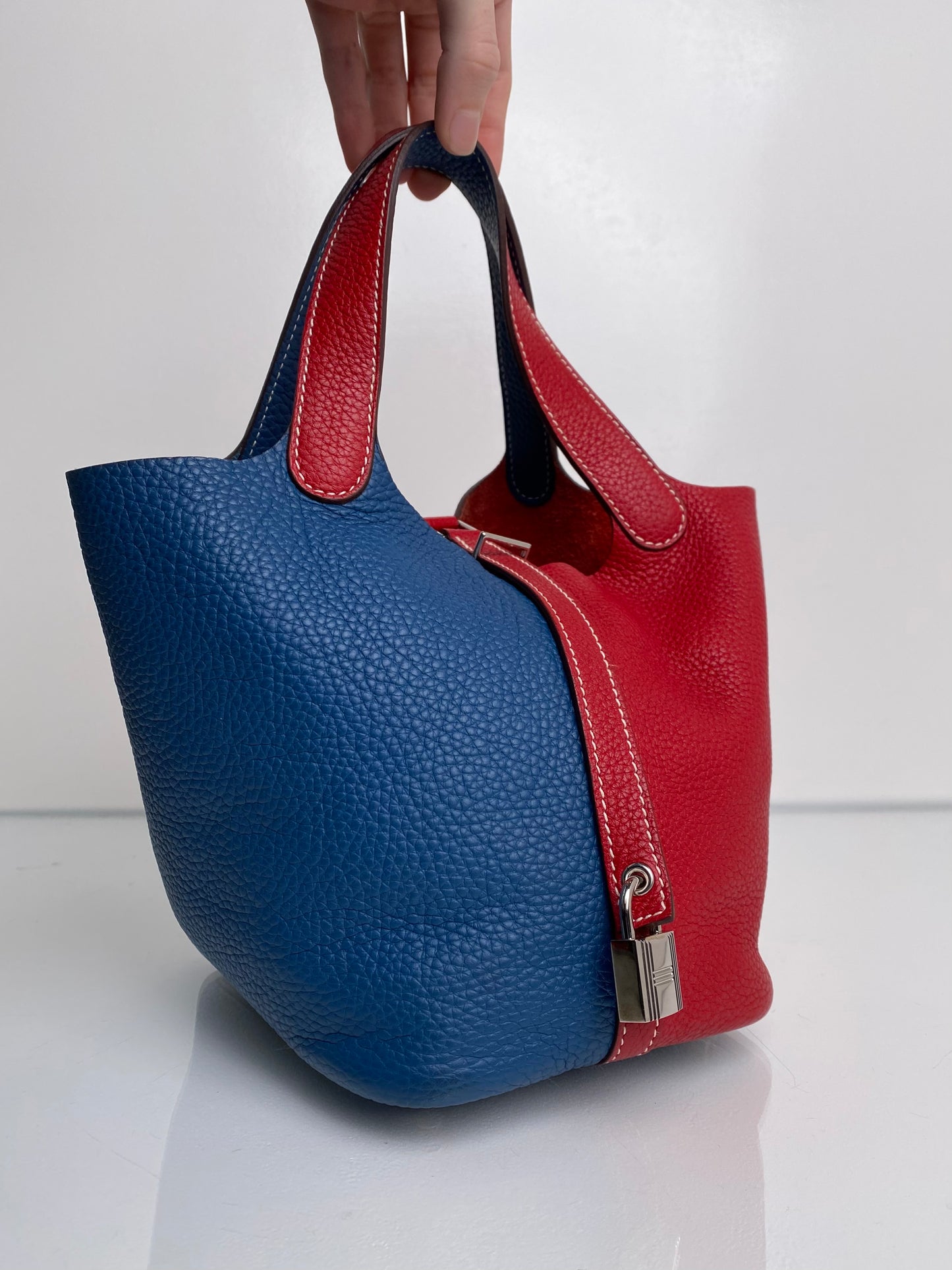 Hermes Picotin Rouge Casaque Bleu Thalassa Clemence PHW #P