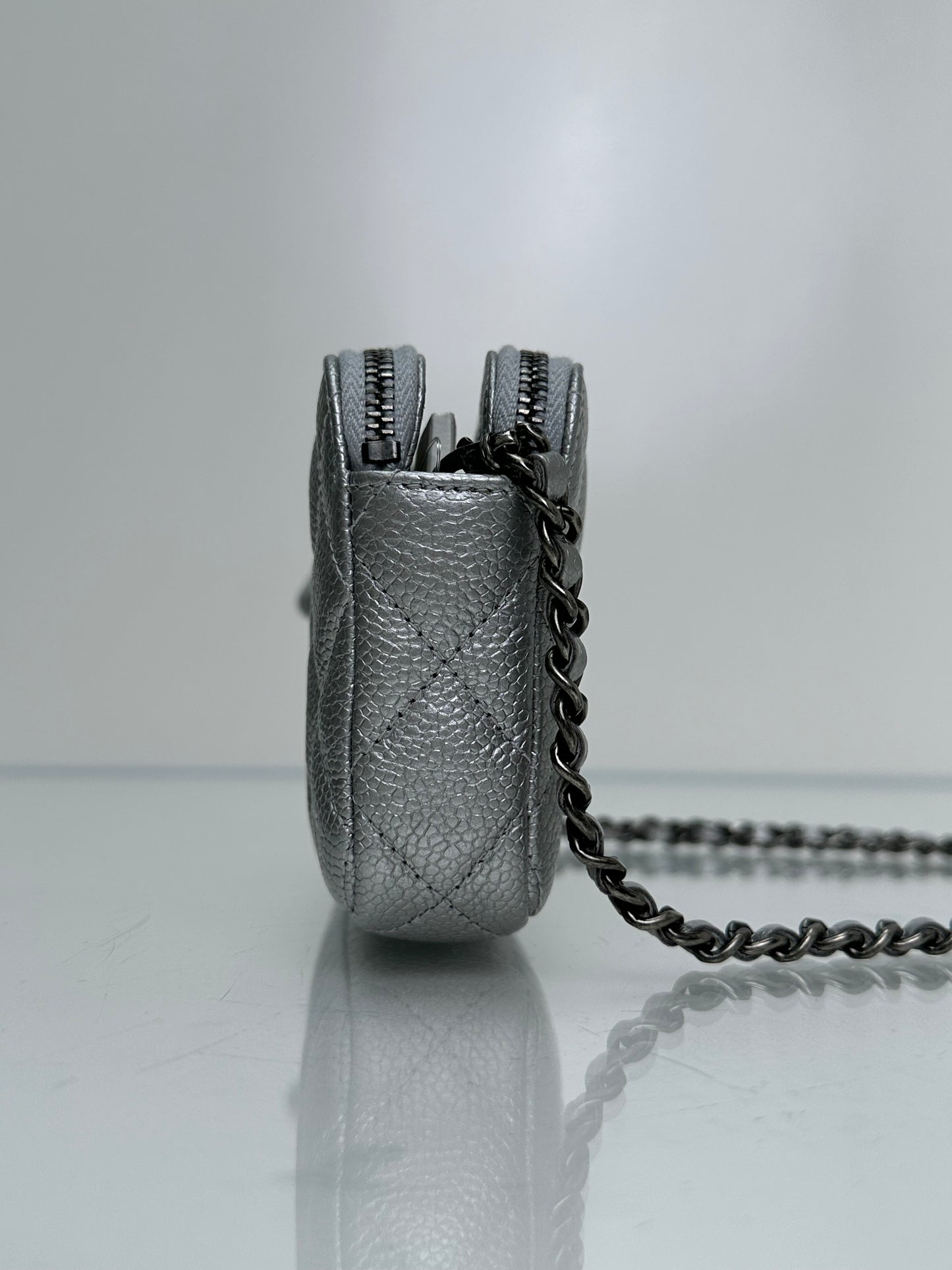 Chanel Double Zip Silver Metallic Caviar Clutch SHW #23