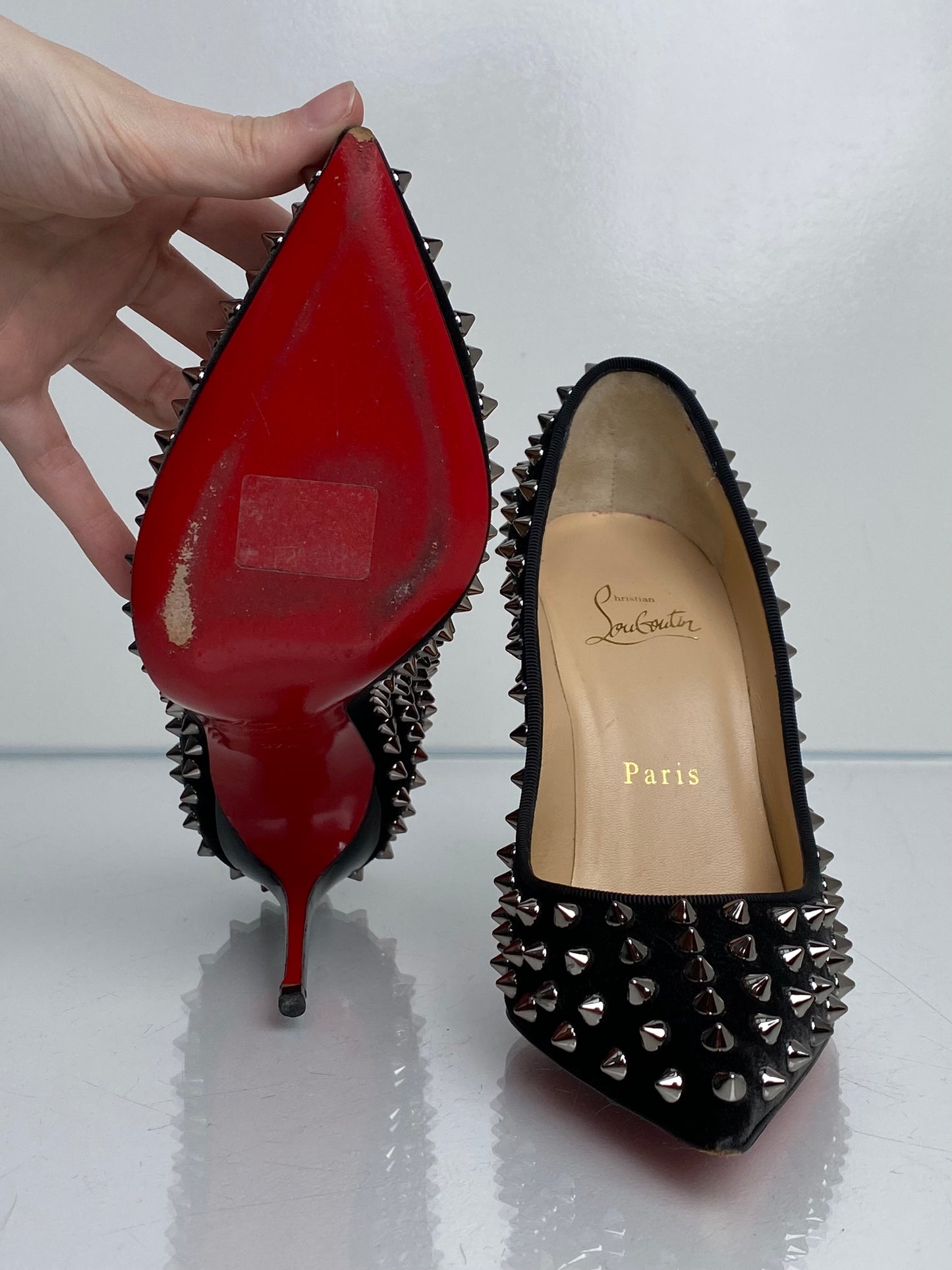 Christian Louboutin Black Velvet Studded Heels, 37.5