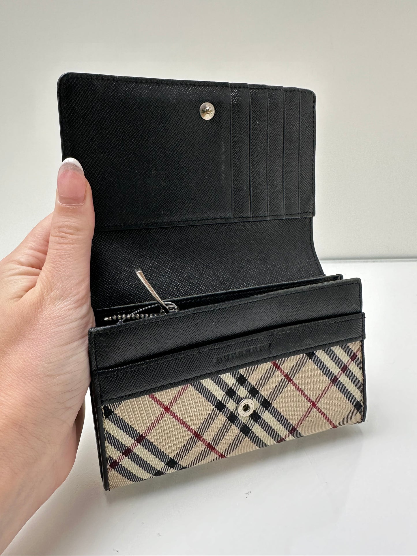 Burberry Tartan Canvas & Black Leather Snap Wallet