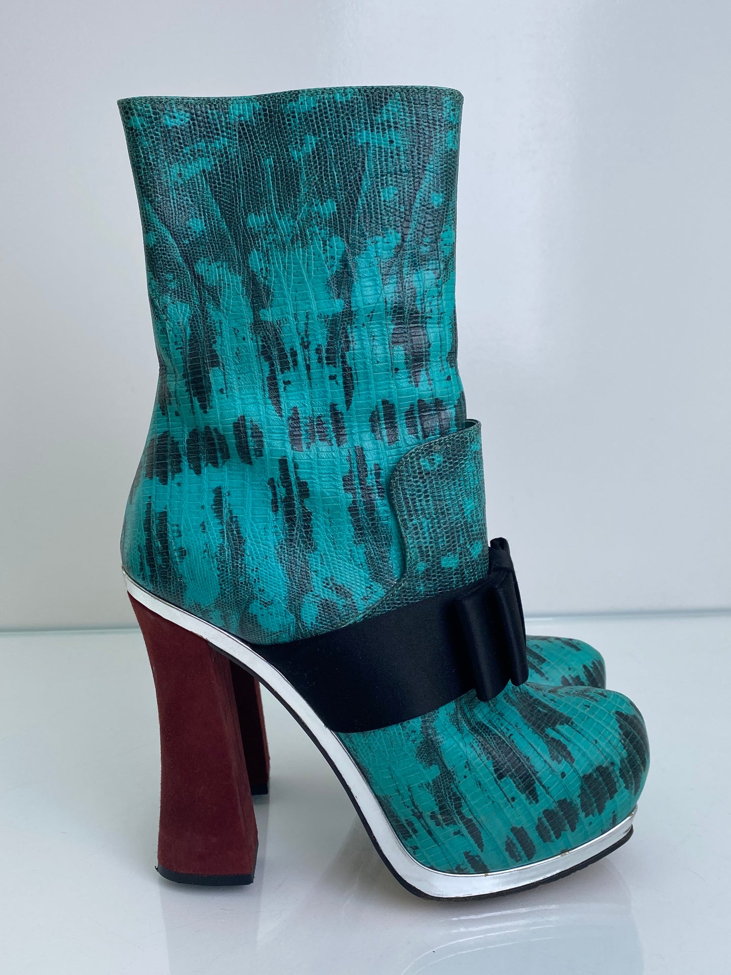 Miu Miu Teal, Black, & Burgundy Exotic Platform Boot Heels, 38