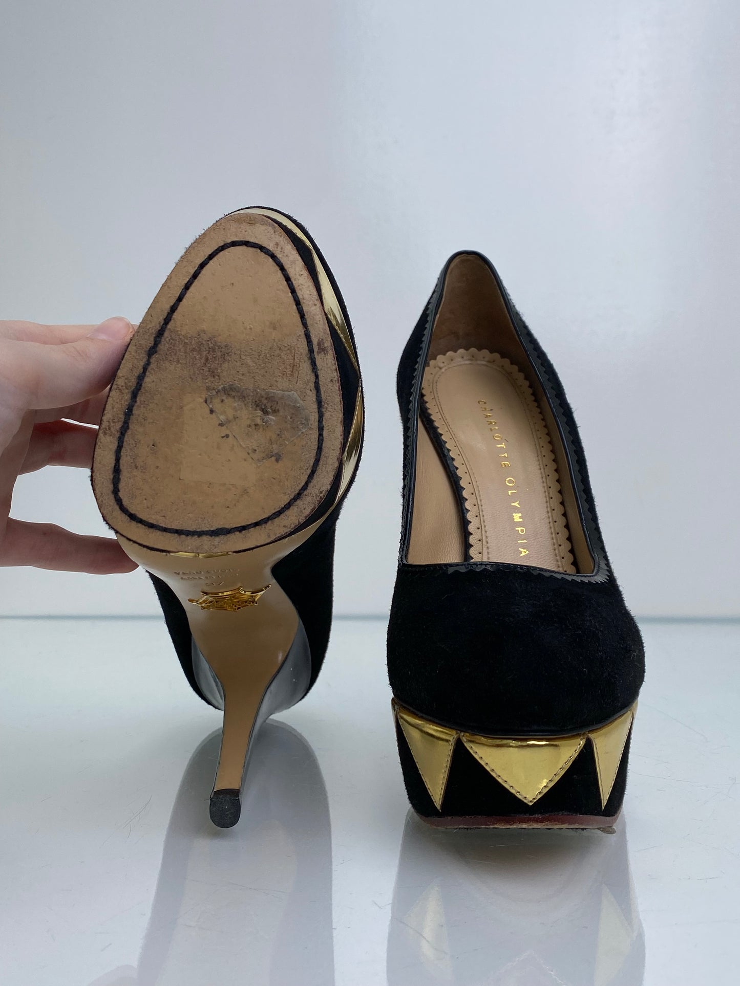 Charlotte Olympia Black & Gold Suede Pumps, 37