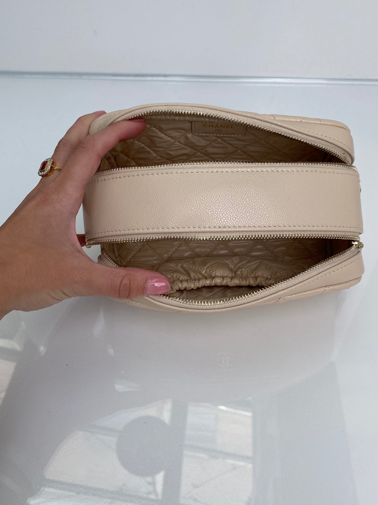 Chanel Beige CC Calfskin Quilted Cosmetic Pouch LGHW