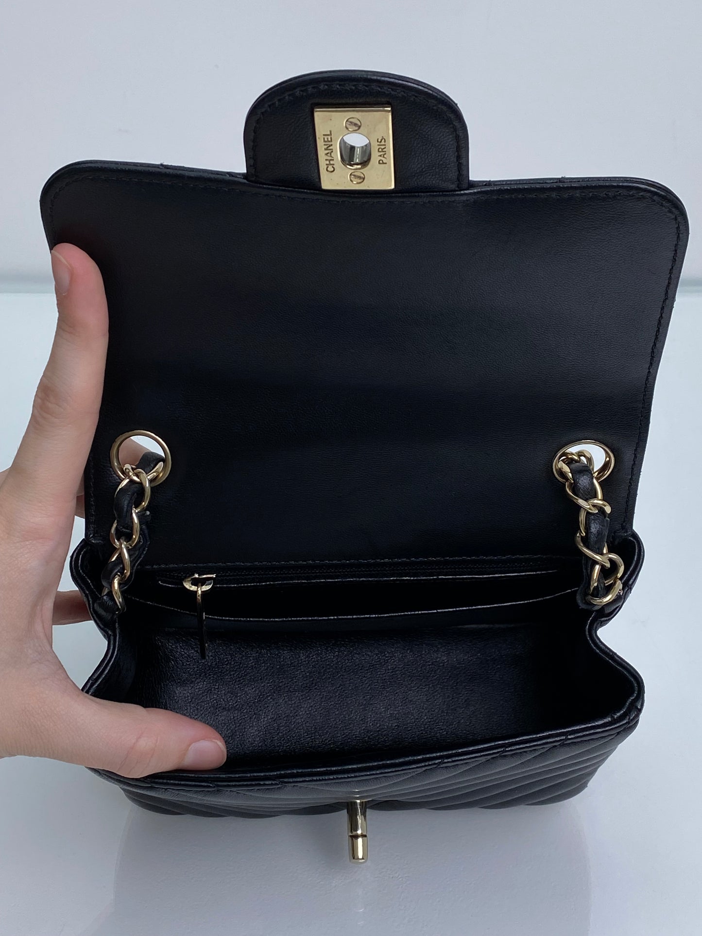 Chanel Black Chevron Lambskin Classic Mini Square Flap Bag GHW #23