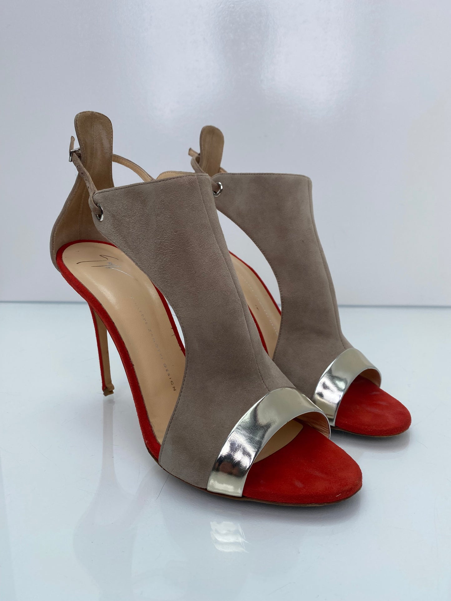 Giuseppe Zannoti Taupe, Red, & Metallic Mistico Heels, 11