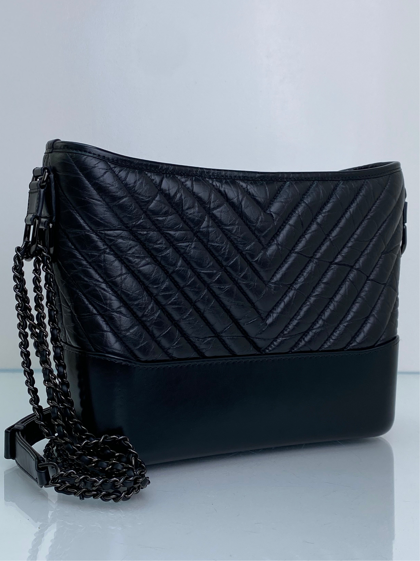 Chanel Black On Black Crinkled Calfskin Gabrielle Bag BHW #28