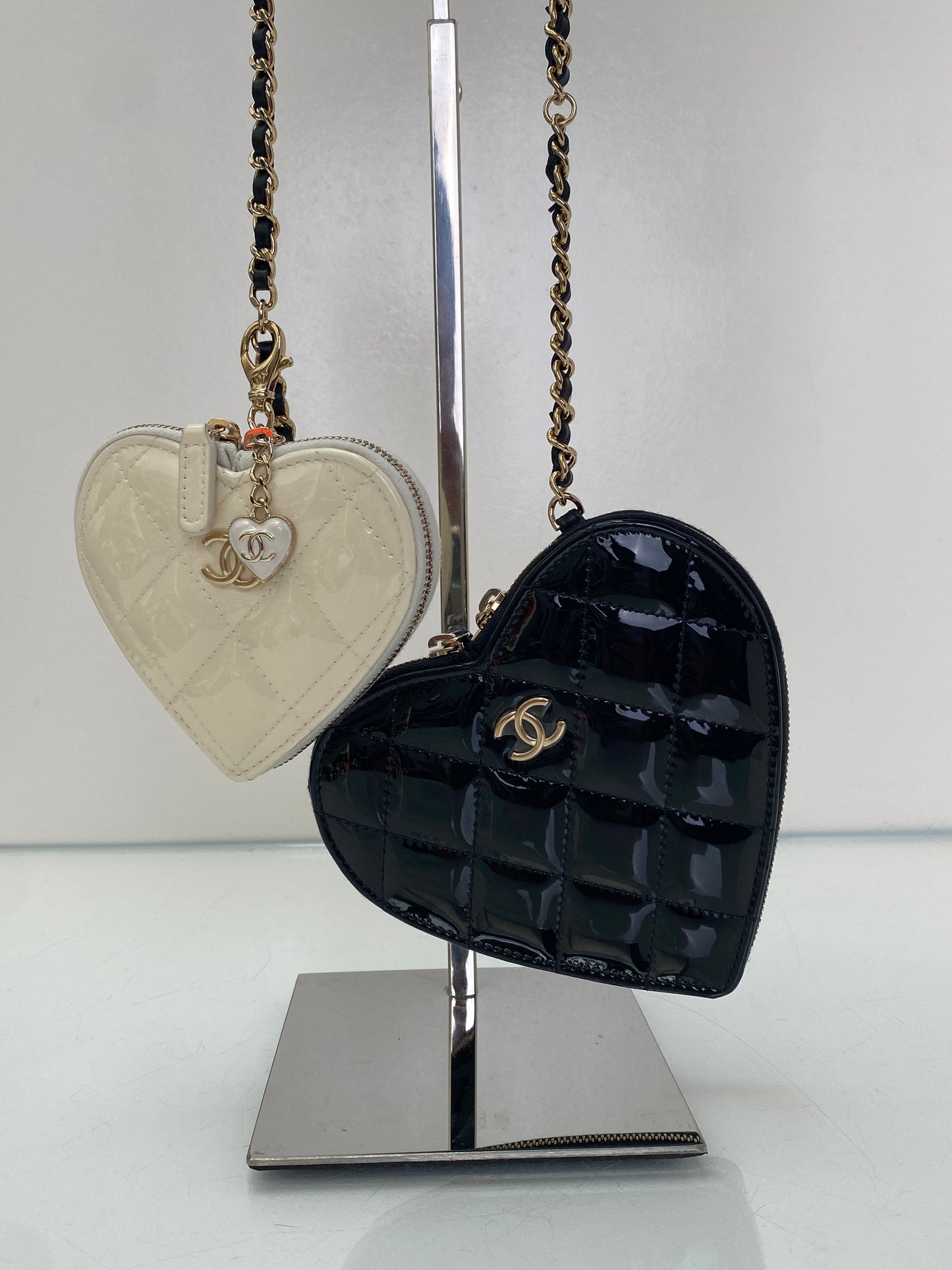Chanel White & Black Patent Heart Chain Clutches on Chain Bag GHW