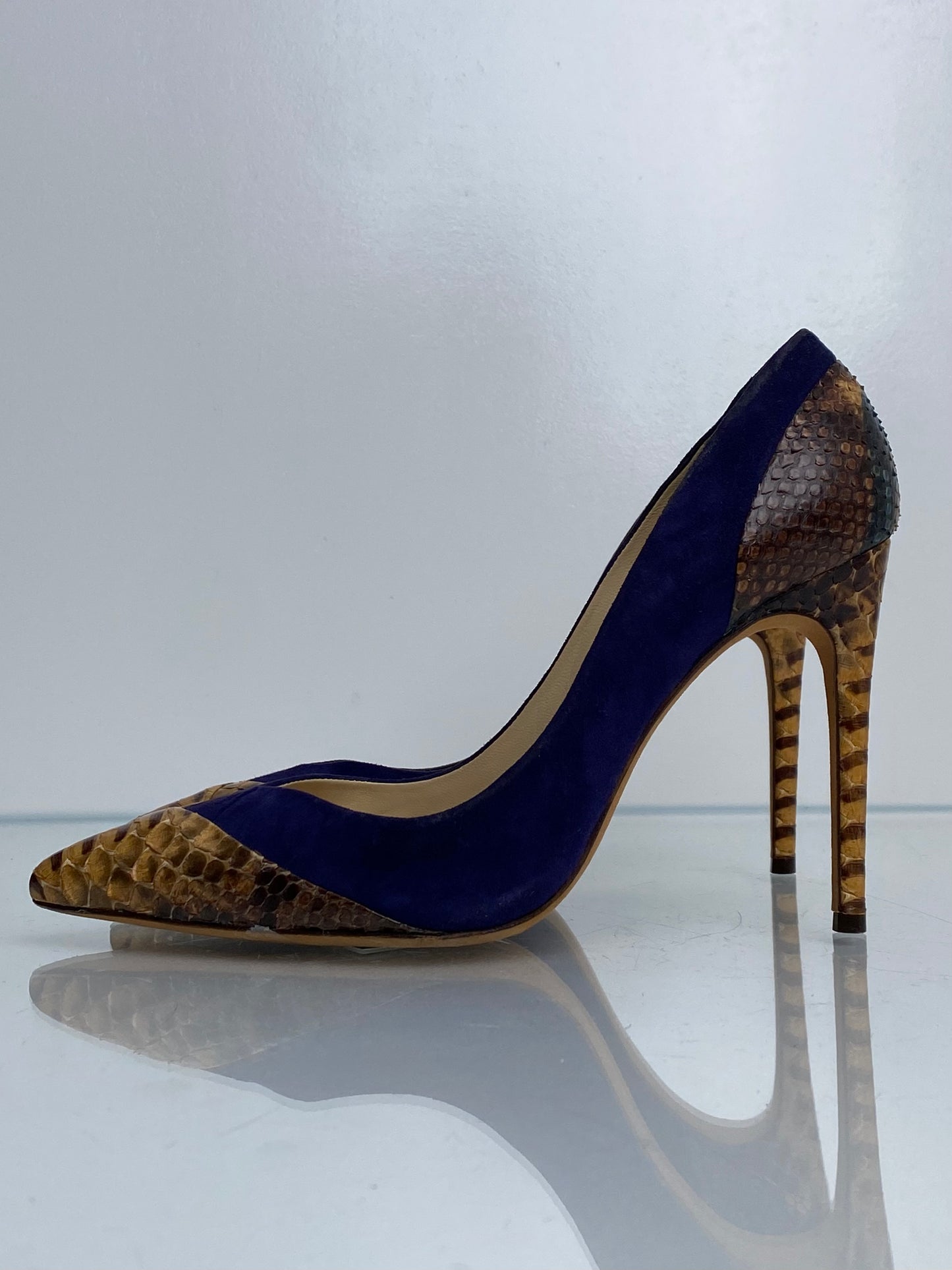 Alexandre Birman Navy  Suede & Brown Exotic Heels, 38.5