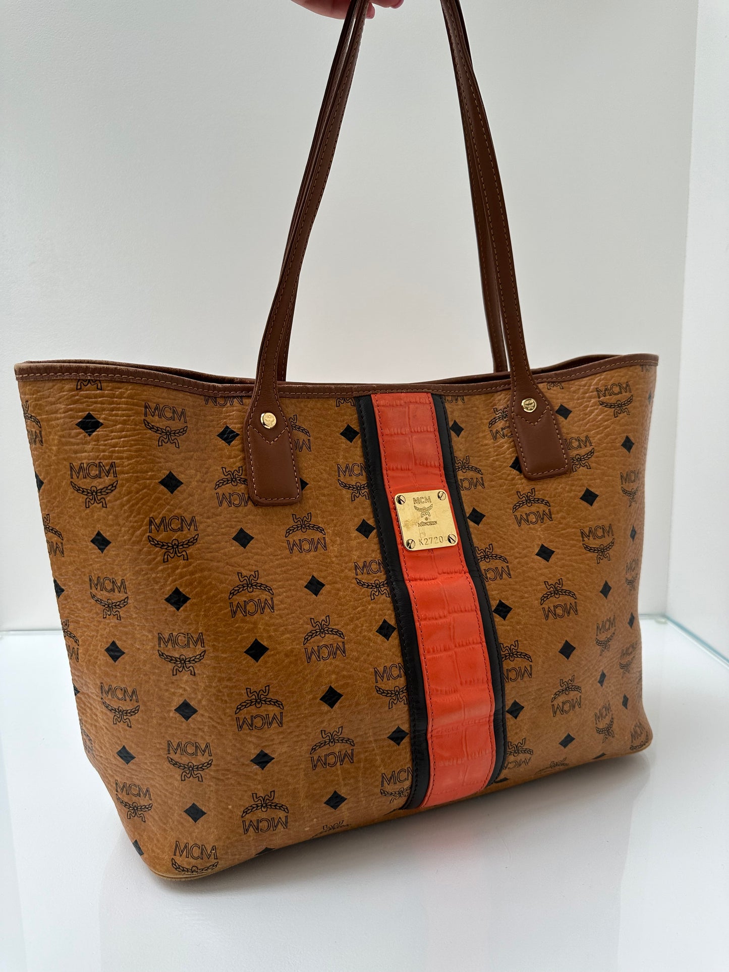 MCM Tan Logo Tote Orange Embossed Stripe