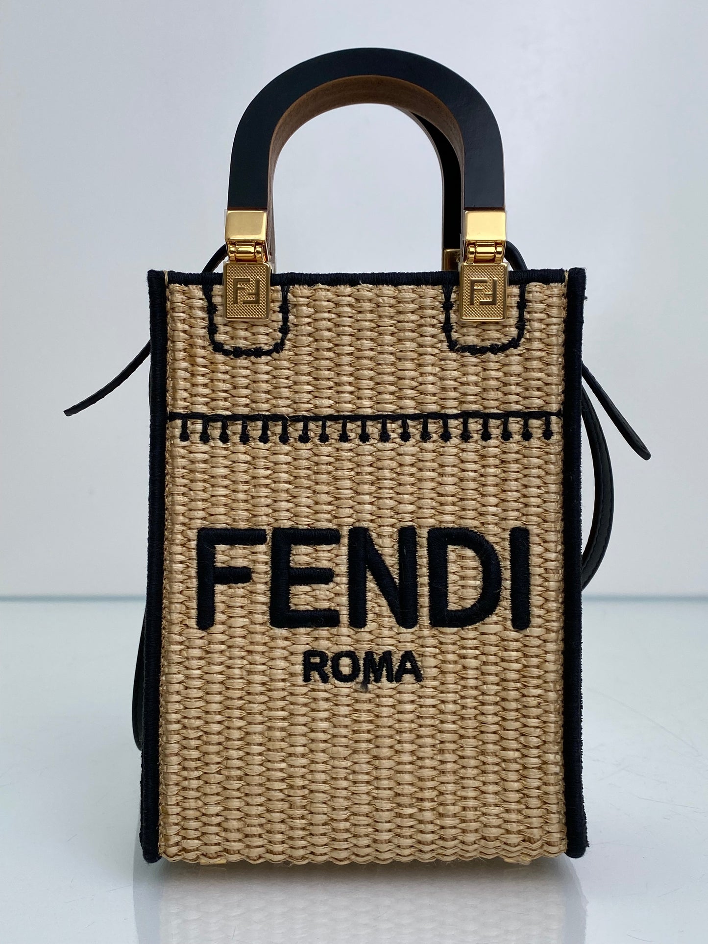 Fendi Tan & Black Raffia Sunshine Mini Shopper Tote Bag GHW