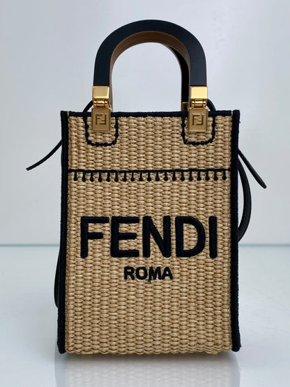 Fendi Tan & Black Raffia Sunshine Mini Shopper Tote Bag GHW
