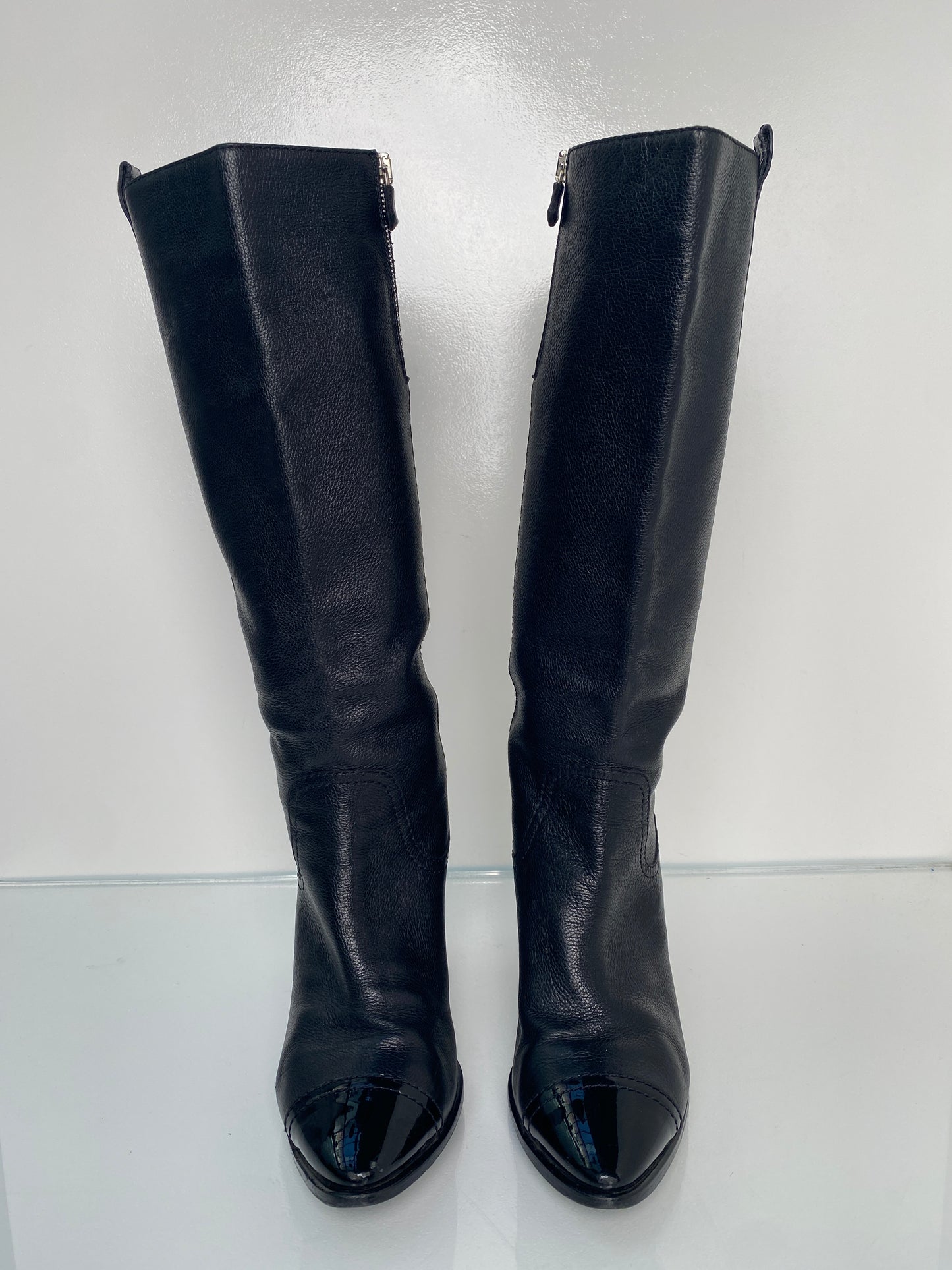 Chanel Tall Black Leather Heeled Boots, 39