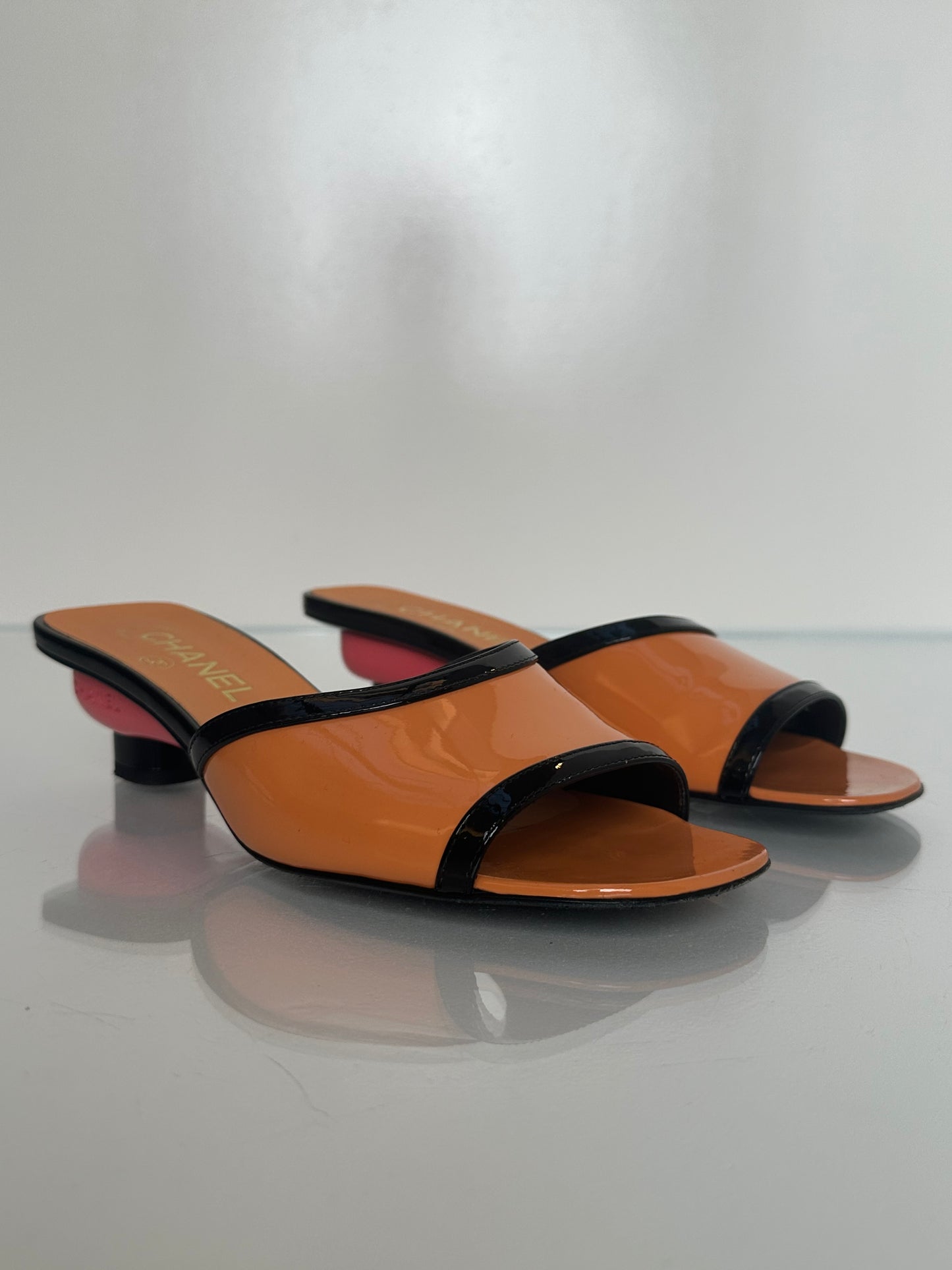 Chanel Orange, Pink, & Black Patent Kitten Heels, 37
