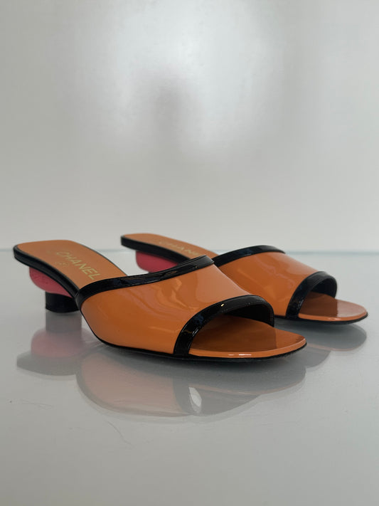 Chanel Orange, Pink, & Black Patent Kitten Heels, 37