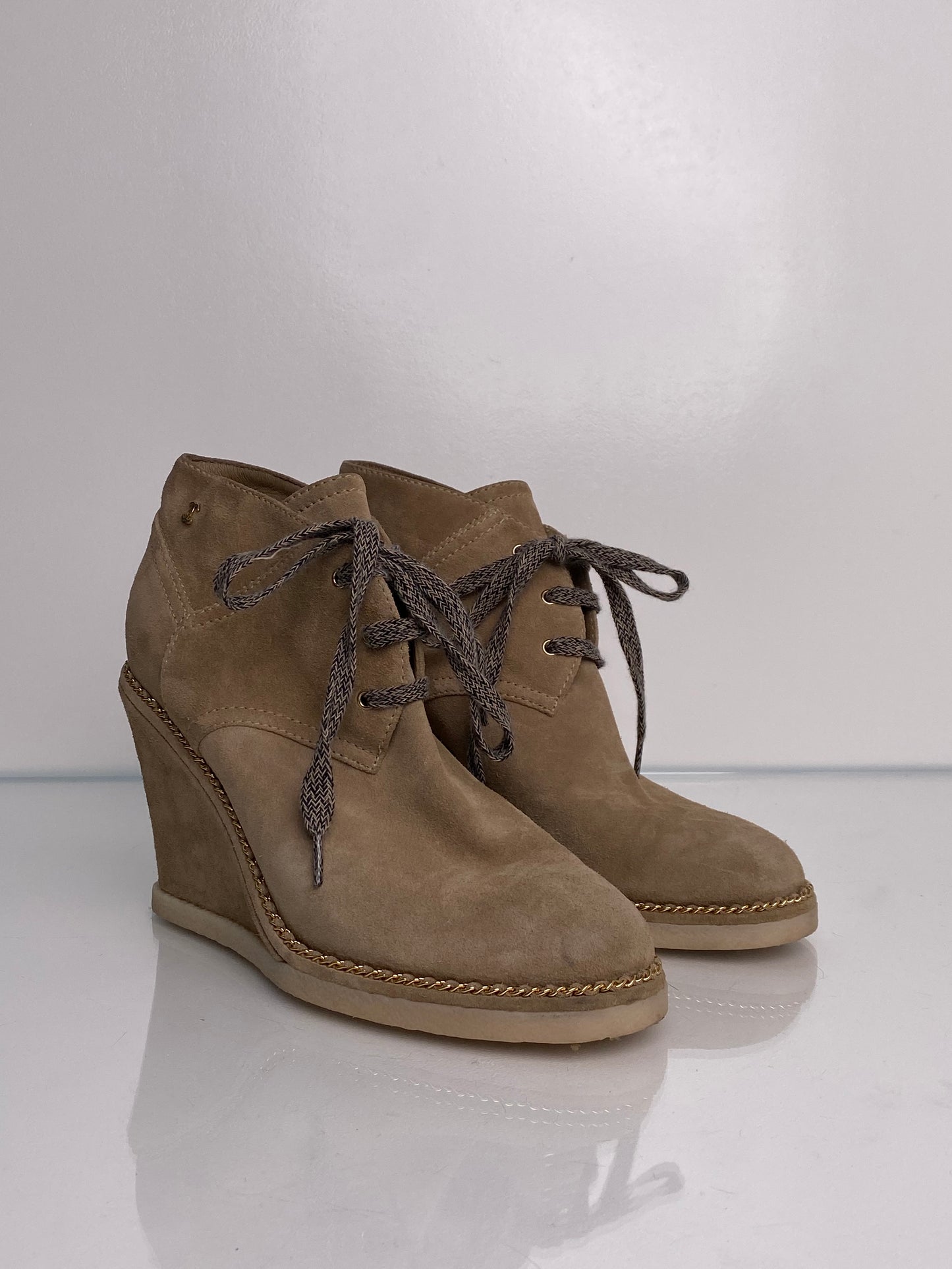 Chanel Greige Suede Lace Up Boots, 40