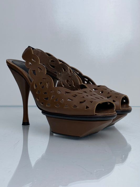Marni Brown Perforated Leather Heels, 38