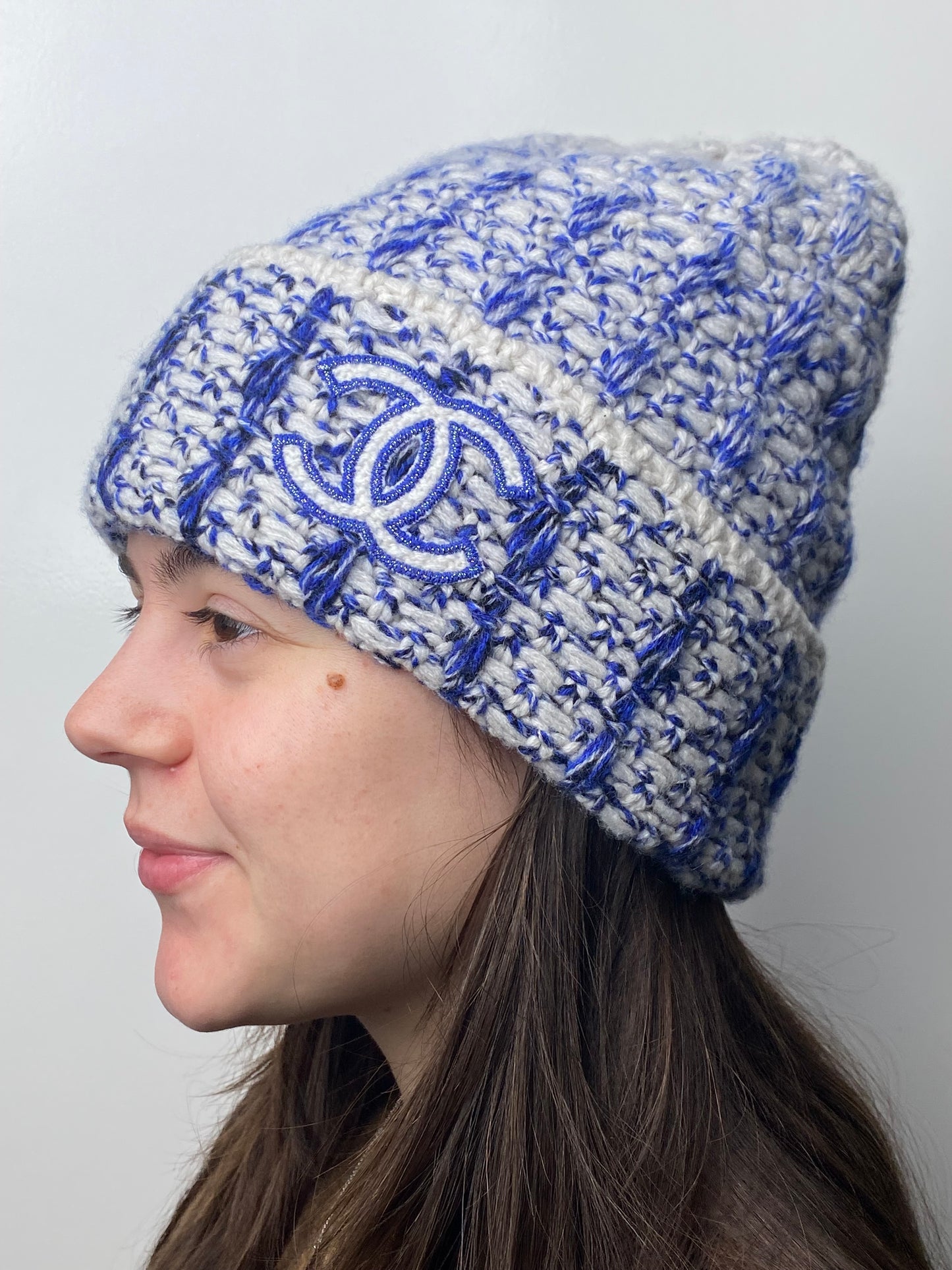 Chanel Blue/White CC Knit Beanie