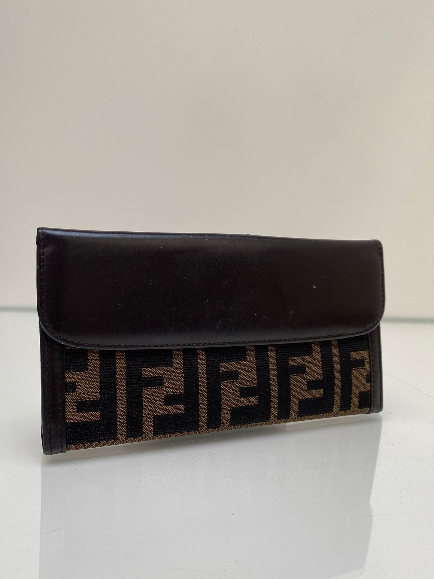 Fendi Brown Leather & FF Zucca Print Snap Wallet