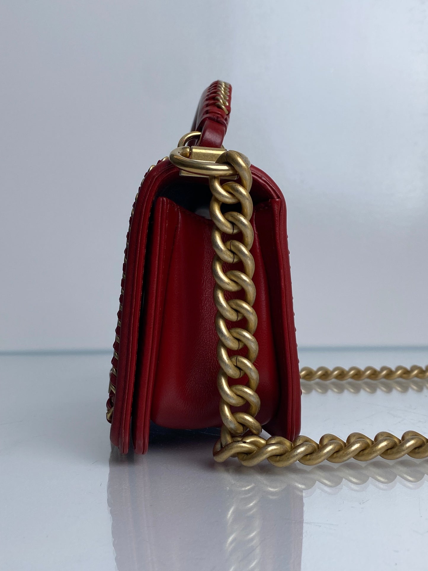 Chanel Red Small Boy Bag With Top Handle Lambskin GHW