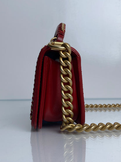Chanel Red Small Boy Bag With Top Handle Lambskin GHW