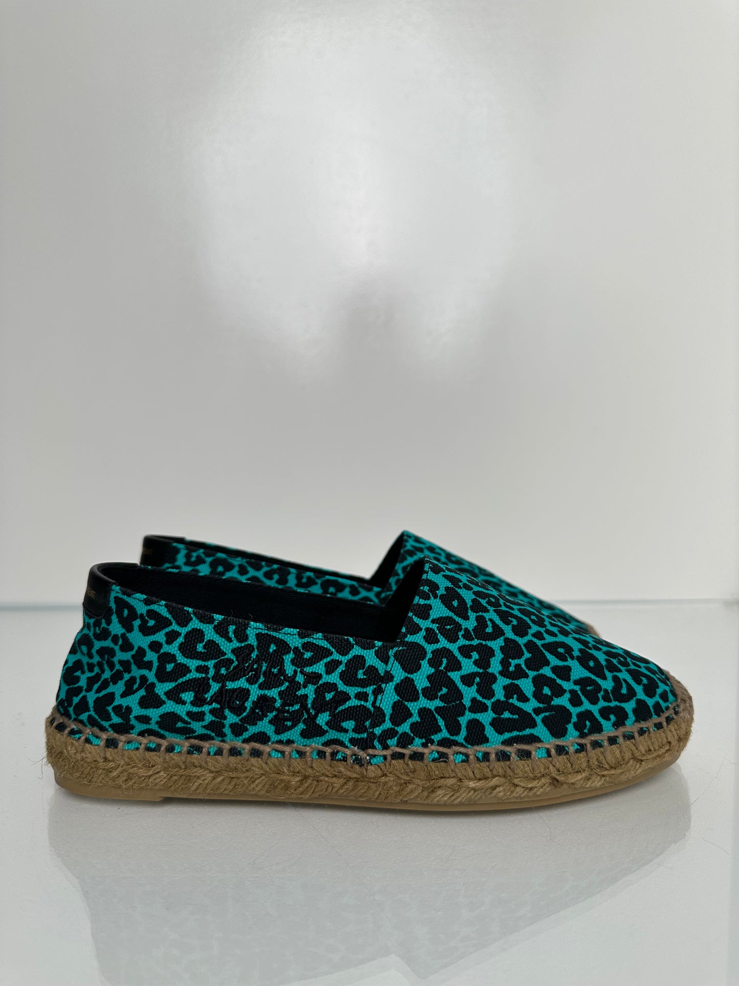 Saint Laurent Black & Teal Leopard Print Loafers, 36.5