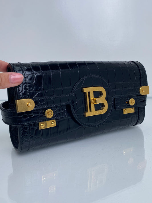 Balmain Black Croc Embossed B-Buzz 23 Clutch GHW
