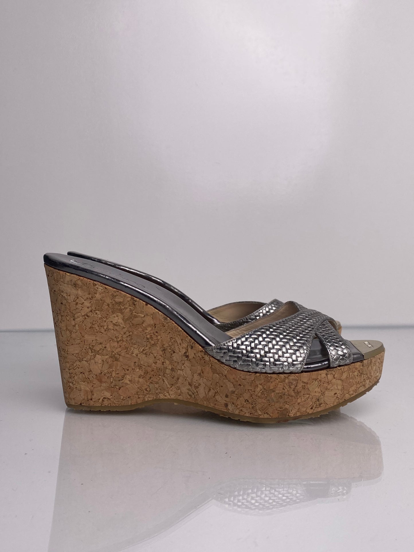 Jimmy Choo Silver Cork Wedges, 42