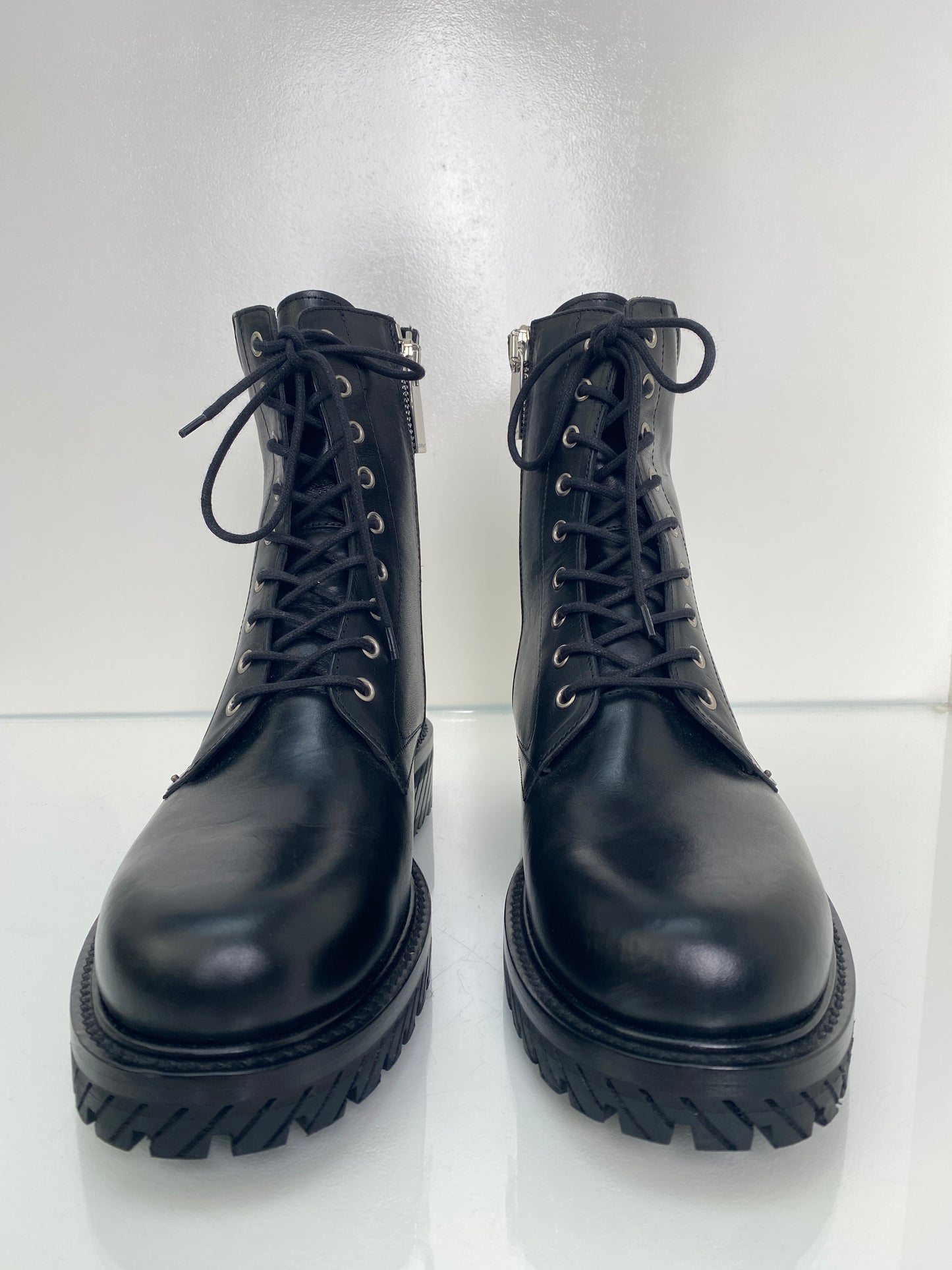 Off White Black Lace Up Combat Boots, 42