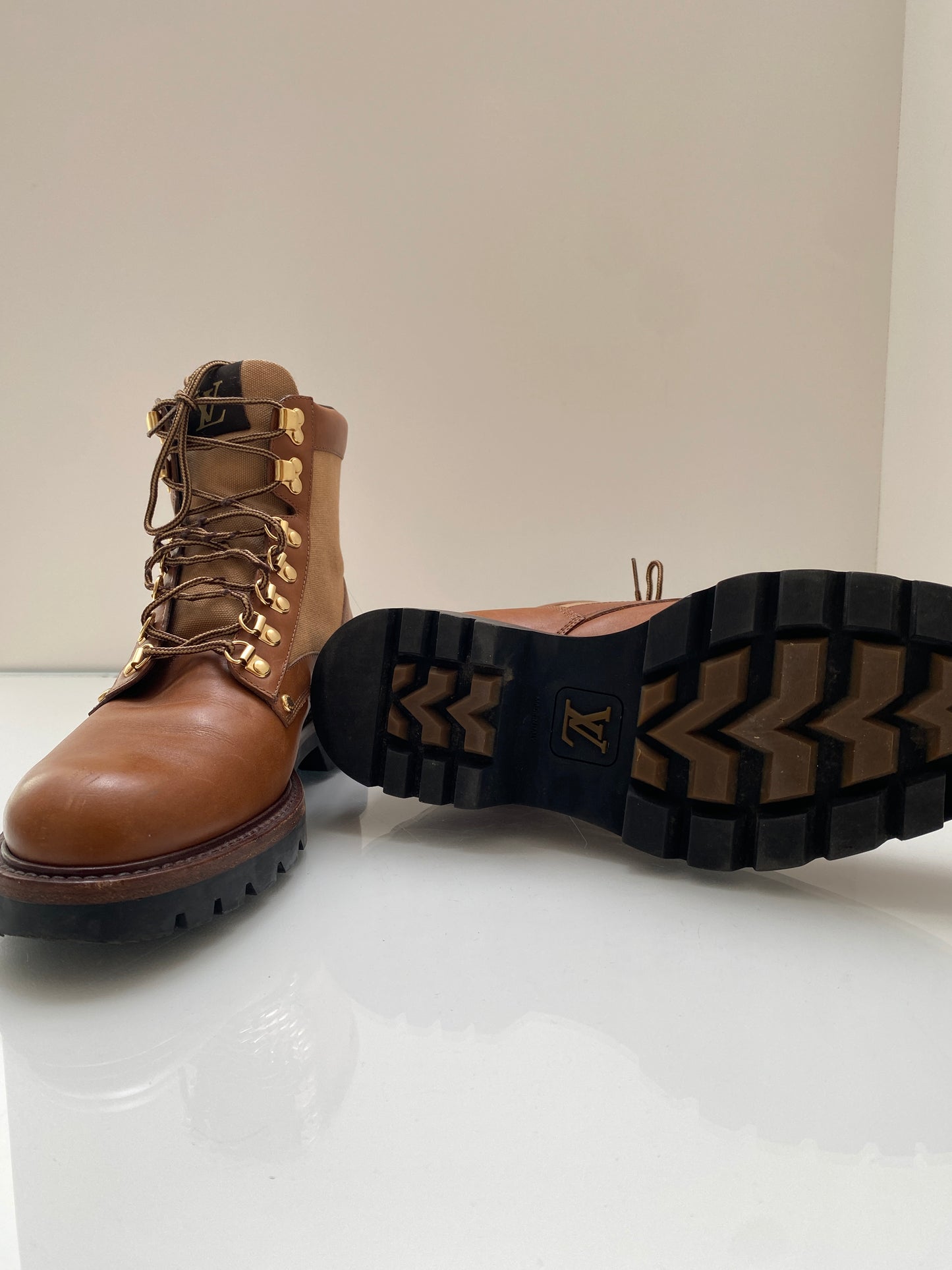 Louis Vuitton Brown Leather Hiking Boots w Patches, 8.5
