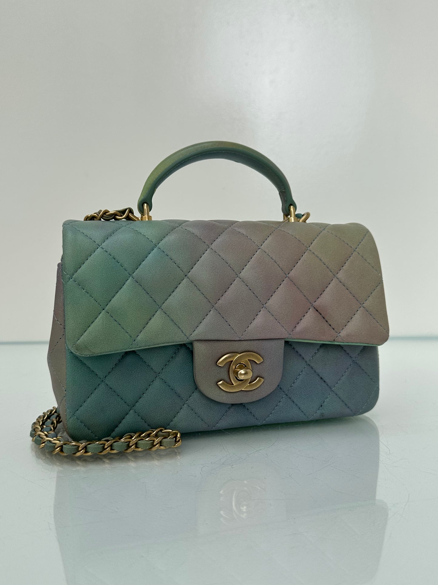 Chanel Green, Purple, & Blue Gradient Mini Rectangle Top Handle Bag GHW 22S