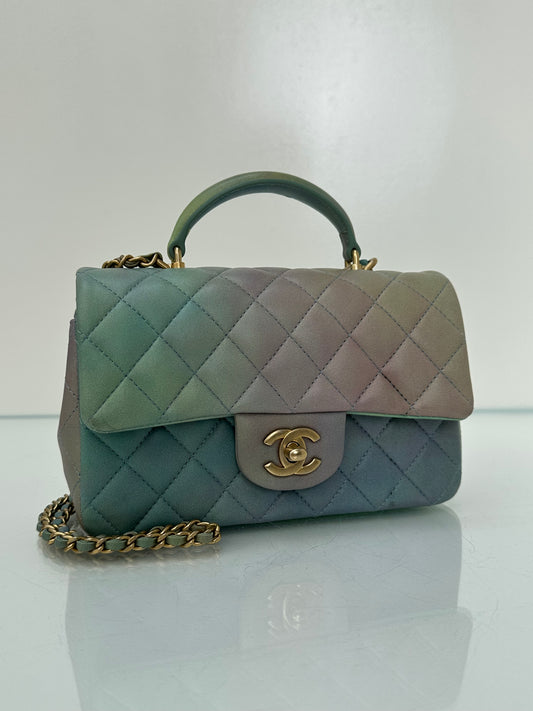 Chanel Green, Purple, & Blue Gradient Mini Rectangle Top Handle Bag GHW 22S