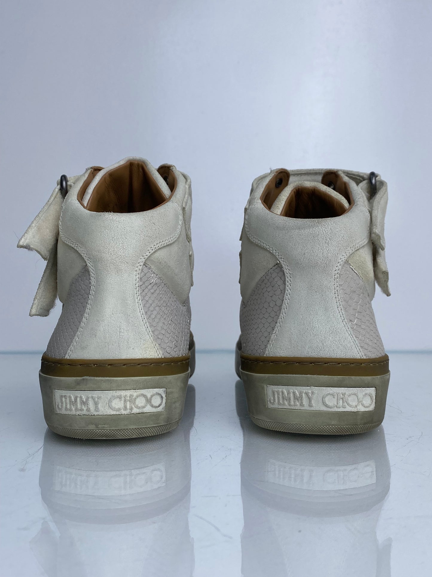 Jimmy Choo Men’s Cream & White Snakeprint High Top Sneakers, 43.5