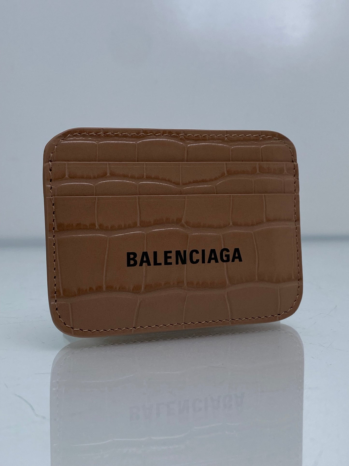 Balenciaga Tan Croc Embossed Logo Card Holder