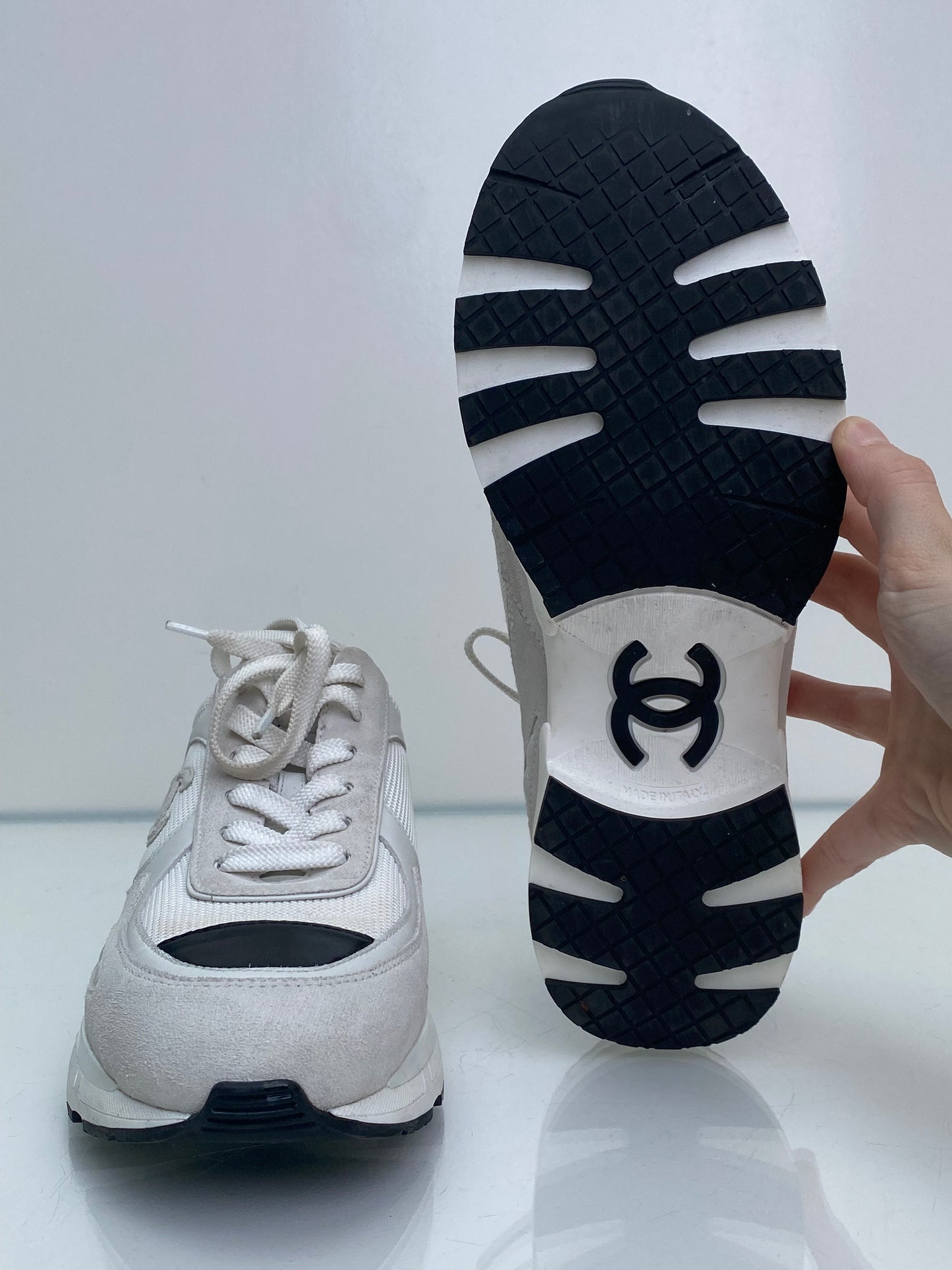 Chanel Cream & Black Suede Heeled Sneakers, 41