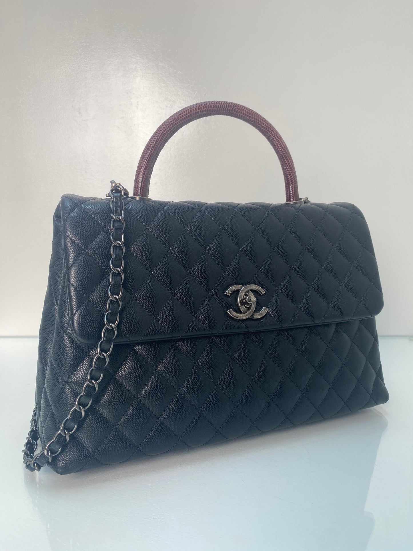 Chanel Burgundy Lizard & Black Caviar Medium Coco Top Handle Bag RHW