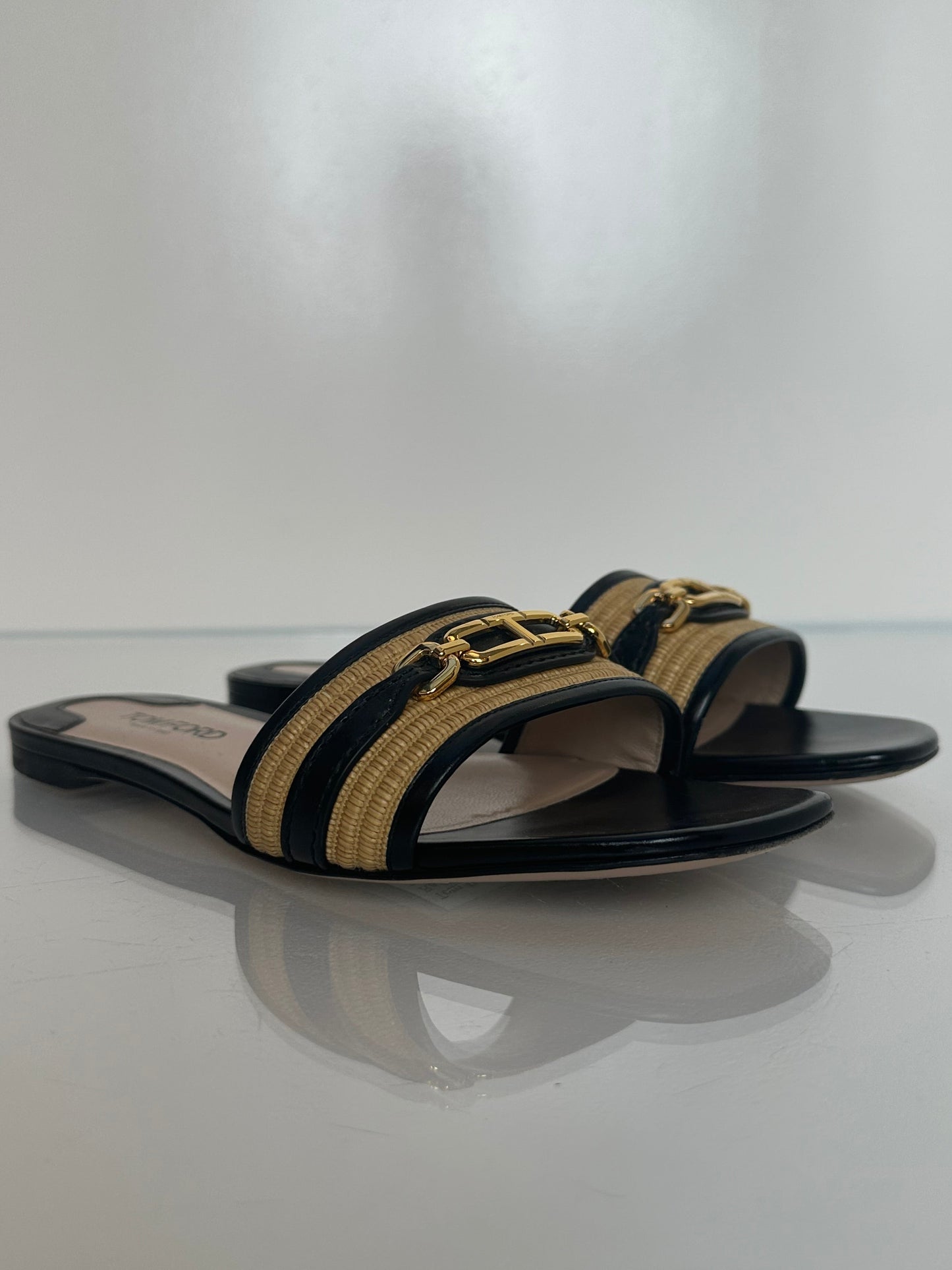 Tom Ford Black & Raffia Whitney Sandals, 37