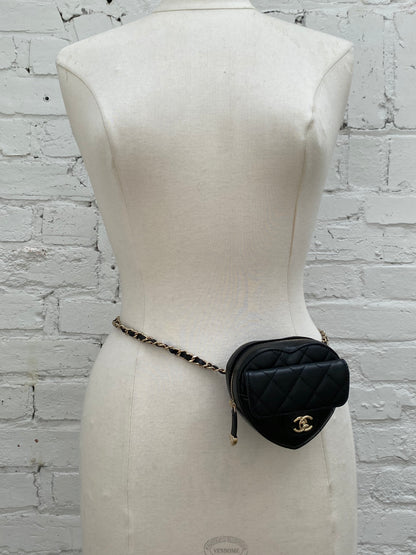 Chanel Black Mini CC In Love Quilted Lambskin Heart Bum Bag GHW