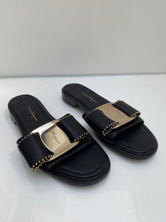Ferragamo Black Leather Gold Buckle Slides, 10