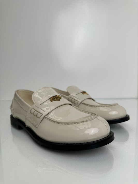 Miu Miu Cream Patent Leather Penny Coin Loafers, 38