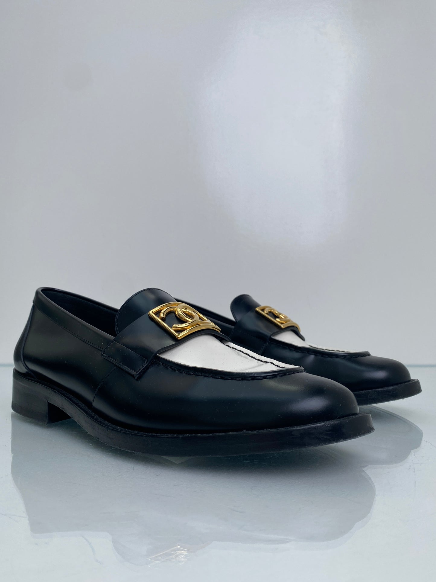 Chanel Black, White, & Gold CC Leather Loafers, 42